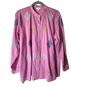 J. Jill Top Women's L Petite Embroidered Button Front Long‎ Tunic Camellia Pink
